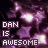 A 48x48 pixel animated buddy icon with two frames showing a purple and white cosmic background and text reading "DAN IS AWESOME" in blocky font, where the lower-right glow shifts between frames.