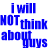 A 4-frame animated contact sheet showing pixelated text variations of "I will NOT think about guys" in blue, pink, green, and black across four quadrants with a gray transparency background.