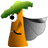 Pixelated character with orange body, green hat, black eye, and gray cape against gray background
