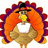Pixelated turkey wearing black hat with orange and purple feathers, white chest, yellow beak, brown body, standing on white background with red text.