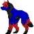 Pixelated cartoon dog in blue and red outfit with red flower on head, standing in profile view.