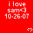 Red background with white pixelated text 'i love sam<3' and date '10-26-07', surrounded by small heart symbols in a