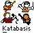 Pixel art of four characters in dynamic poses with orange, red, and brown clothing against a gray background, below the text 'Katbasis' in blocky font.