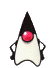 A cartoon character with a black cone-shaped hat, white body, and red circular eye appears in multiple poses against a gray background.