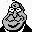 Pixelated cartoon character with gray skin, black hair, and a wide smile appears in multiple positions against white background