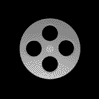 A silver film reel icon rotates through multiple angles against a black background, displaying front, side, and edge views with visible sprocket holes.