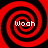Four identical red and black spiral patterns arranged in a , each containing the word "Woah" in white pixelated text at the center