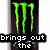 A static image with four distinct sections: a green Monster Energy logo, colorful 'RAW' text with a heart outline, a small circular icon, and pixelated people with overlaid blue text.