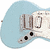 Animated sequence showing a light blue electric guitar with white pickguard and dark fretboard, followed by its yellow headstock.
