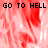 Red and white pixelated background with repeated 'GO TO HELL' text in black block letters across multiple sections.