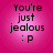 Four identical pink circular icons with black text reading "You're just jealous :p" arranged in a on a solid pink background