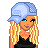 Pixelated character with blonde hair and blue headscarf, wearing black top and light blue jeans; partial text 'Mc Mor Monic Monica' visible below.