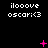 Pixelated text 'iloove oscari:<3' repeated across a black background with animated pink star and dot effects appearing and disappearing in sequence.