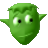 Pixelated green cartoon head with large white eyes, black pupils, and pointed ears against a gray background.