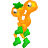 Pixelated orange figure with green limbs and headpiece, two large eyes, white accents, and a gray background.