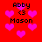 Red background with pink hearts and black text reading "Abby <3 Mason" in four identical sections.
