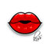 Red lips with black mouth opening and gray outline, emitting a gray pixelated speech bubble on white background.