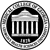 Circular icon with a central black background featuring a white columned building facade and partial text beneath it, surrounded by a pixelated silver border.