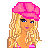 Pixel art of a blonde woman in pink headwear and pants with repeated 'pink baby gum' text on pink backgrounds.