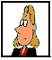 Animated cartoon woman with blonde hair and glasses in a black suit with red collar, showing sequential facial expressions from neutral to surprised.