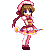 Pixel art character in pink and white dress with red accents, holding a wand-like object, shown in four distinct poses with varying arm and leg positions.