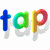 Pixelated text 'tap' in blue, cyan, green, yellow, and red gradient letters on white background with pixelated shadow; adjacent dark green displays 'Original Icons .com' in bright green pixelated script