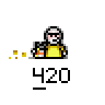 Animated contact sheet of a pixel art character holding a smoking object with '420' text below, showing subtle frame-to-frame variations in smoke and background elements.
