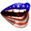 Pixelated static icon of stylized lips with American flag colors and stars, featuring a blue top lip with white stars, red-and-white striped bottom lip, black teeth, and dark brown interior mouth cavity.