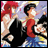 Pixelated anime-style image of three characters in dynamic poses with red, black, and blue clothing against a blurred background.