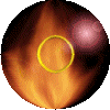 Circular icon with gradient background showing orange and purple hues, containing a yellow ring that rotates through multiple orientations.