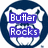 Pixelated circular icon with dark blue outer ring and white inner background, featuring two stacked purple rectangular text boxes with white pixelated text reading "Butler" and "Rocks".