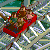 Pixelated image of two figures in a red roller coaster car on a wooden track with green foliage background.
