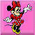 Pixelated 50x50 static icon of Minnie Mouse in red dress with bow, pink background, and white gloves.