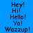 Blue background with black text displaying 'Hey!', 'Hi!', 'Hello!', 'Yo!', 'Wazzup!' in a pattern, with cyan rectangles highlighting specific text