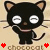 Pixelated black cat with brown inner ears and nose, white eyes, pink mouth, standing upright on beige background with red heart symbols.