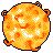 Pixelated circular icon with orange and yellow gradient, white pixel clusters resembling stars or flares, and dark orange/black border accents.