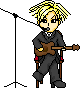 Pixel art character with spiky blonde hair, dark suit, and brown guitar, seated at microphone stand with red chair, gray background.