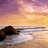Pixelated sunset scene with purple and pink sky transitioning to orange horizon over water, dark landmass on left.