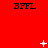 Red background with repeated black text 'BFFL' and white pixelated symbols changing across frames.