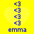 Yellow background with four identical heart-shaped arrangements of blue '<3' symbols and 'emma' text below each heart.