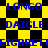 Blue text on a yellow and black checkered background with repeated words in two
