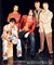 Four distinct group poses of people in various settings with different clothing and backgrounds, displayed as a