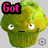 Pixelated green muffin with white eyes and a straight mouth appears in three with pink text overlays reading "Got," "Muffins?" and "I Do!!" on a gray background
