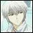 Pixelated anime-style character with white hair and light eyes, wearing a white shirt and brown tie, next to black background with white text.