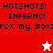 A pixelated image with red and white sections displaying text 'HOTSHOTS! INFERNO!' and partial phrases, featuring a white star on red background and red star on white background.