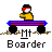 Pixel art of a character in yellow clothing and red headband riding a blue-and-red vehicle with black wheels, labeled 'Mt Boarder' below.