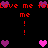 Pixelated red text 'Love me' and 'follow me' with exclamation marks, surrounded by purple and pink hearts on a black background.