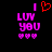 Pixelated text and heart symbols on black background; left side shows red heart animation, right side shows static hearts.