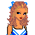 Pixelated cartoon figure of a woman with long brown hair wearing white and blue cheerleading outfit holding blue pom-poms.
