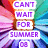 Pixelated text reads 'CAN'T WAIT FOR SUMMER' in purple letters on white rectangular backgrounds, set against a colorful abstract pixelated backdrop.